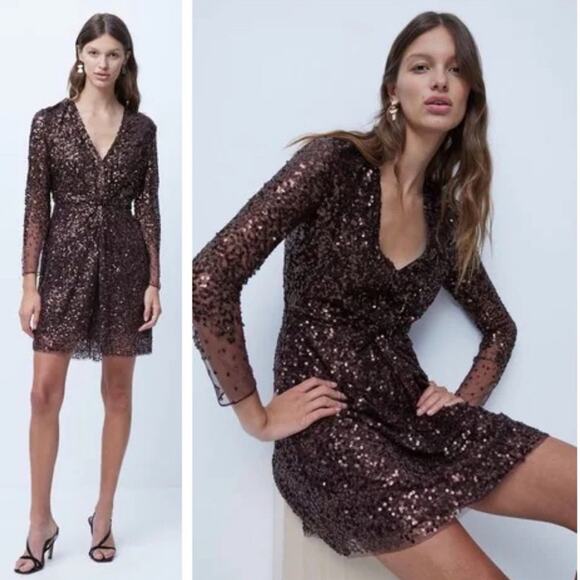 FRENCH CONNECTION Dress Size 4 Emille Sparkle Long Sleeve Sequin Sheath Brown - Picture 1 of 15